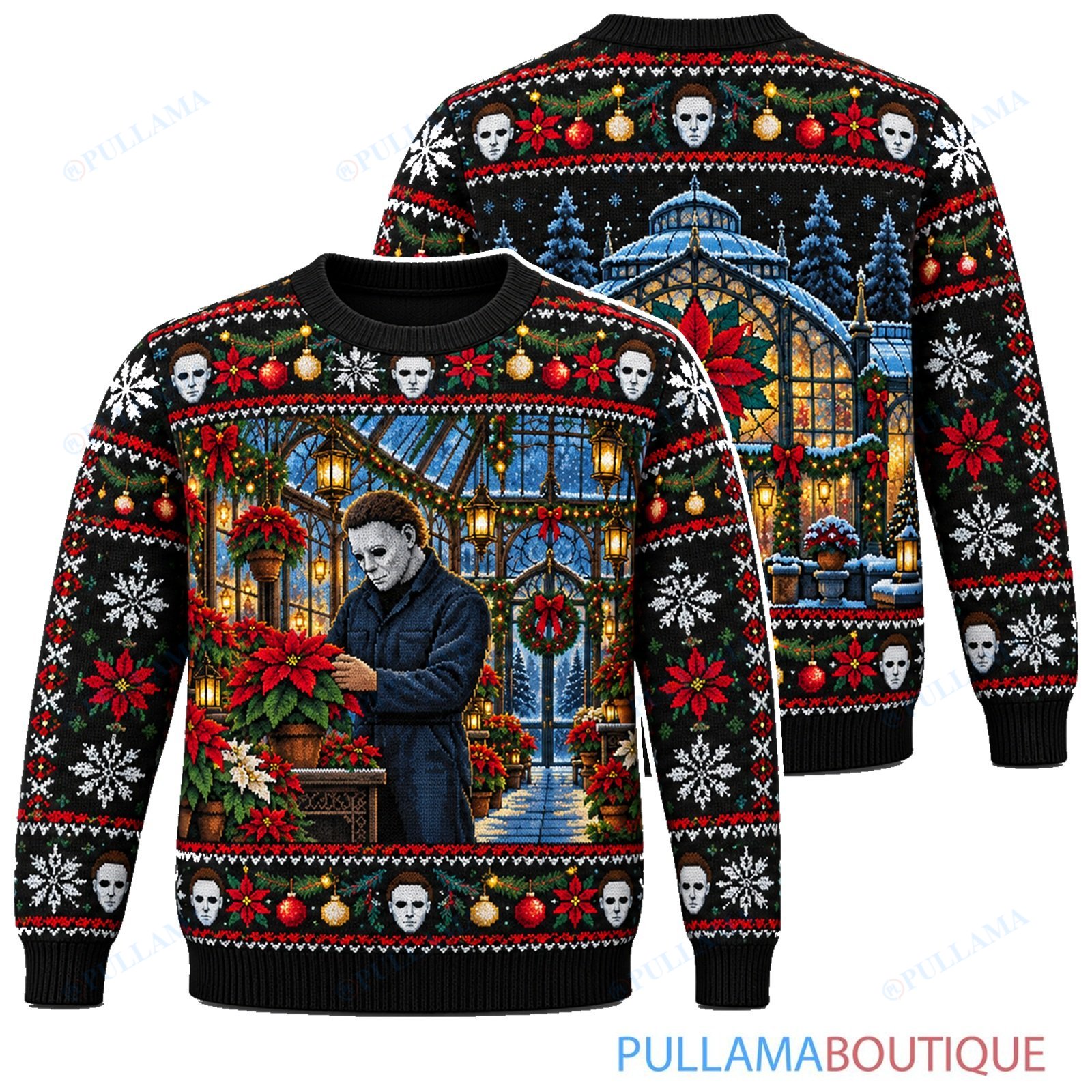 Michael Myers Poinsettia Greenhouse ugly christmas sweater