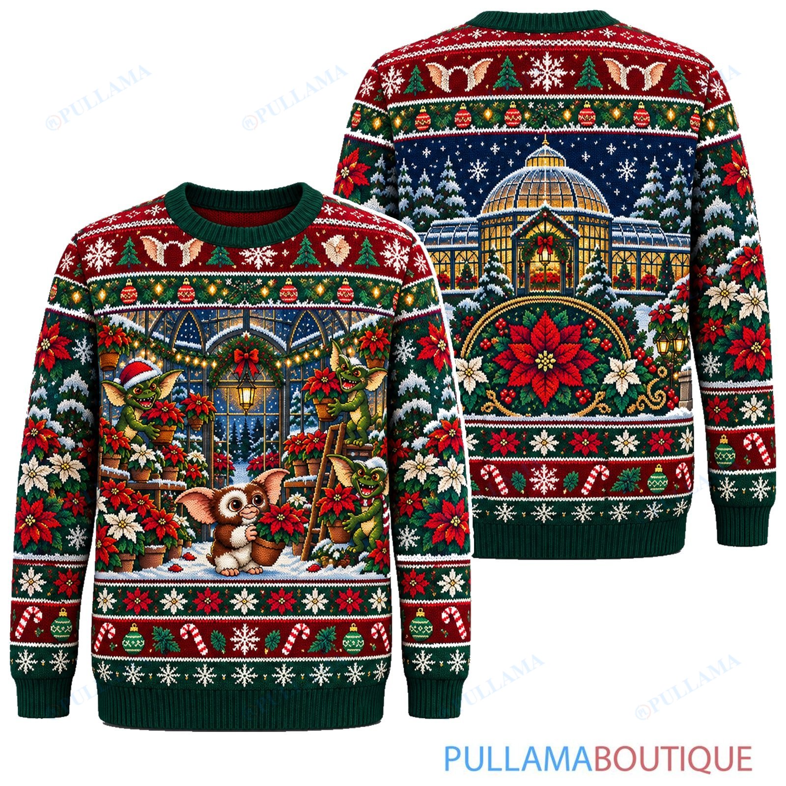Gremlins Poinsettia Greenhouse ugly christmas sweater