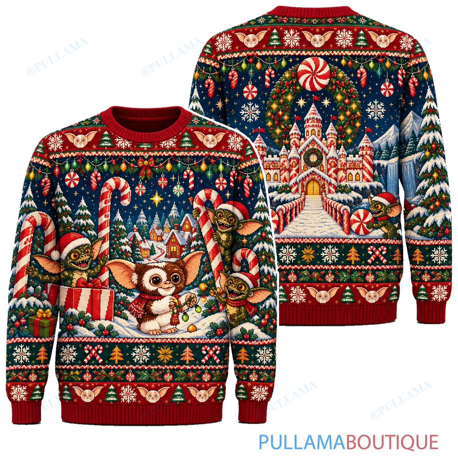 Gremlins Candy Cane Castle ugly christmas sweater