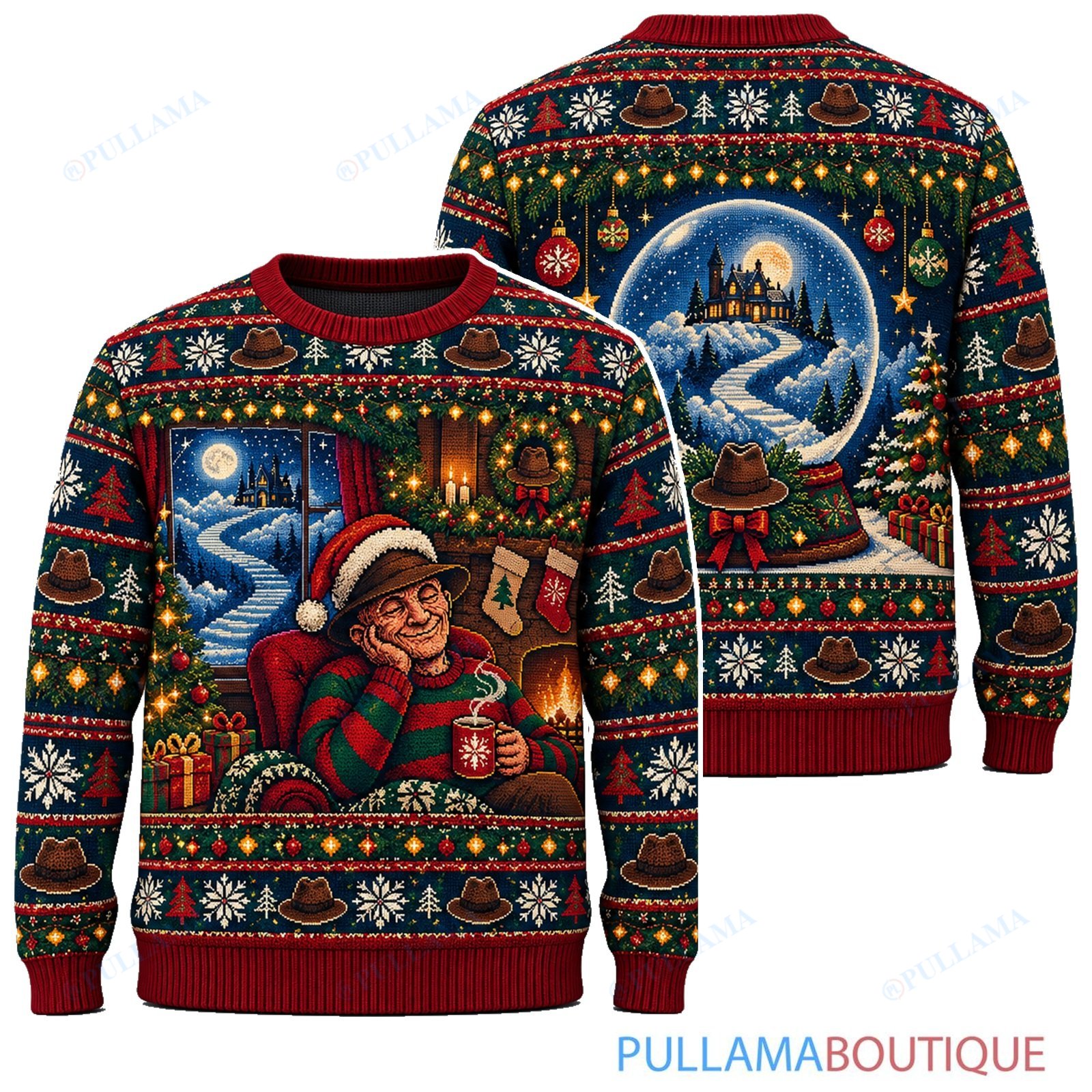 Freddy Krueger Cozy Christmas Fireplace ugly christmas sweater