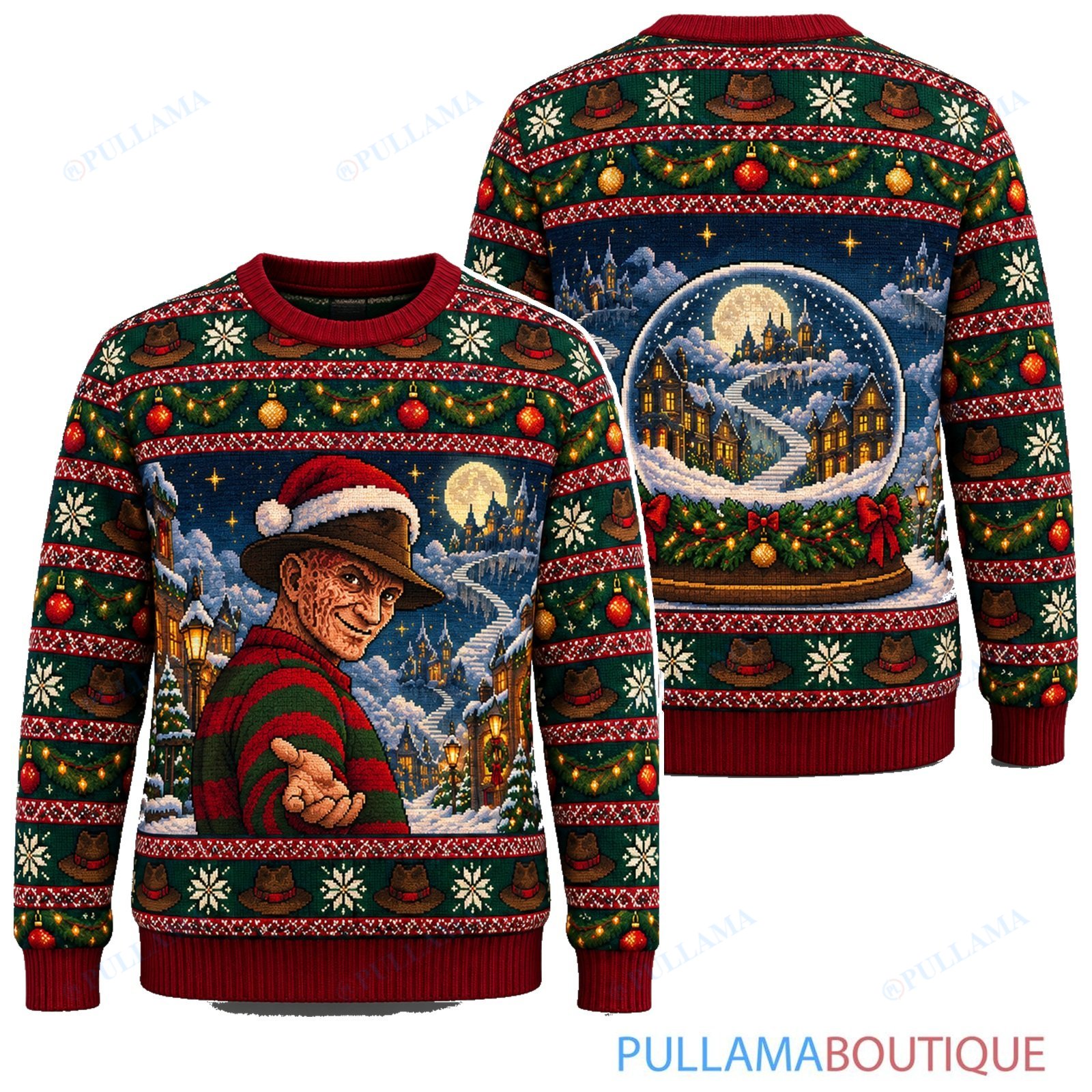 Freddy Krueger Moonlit Snow Globe ugly christmas sweater