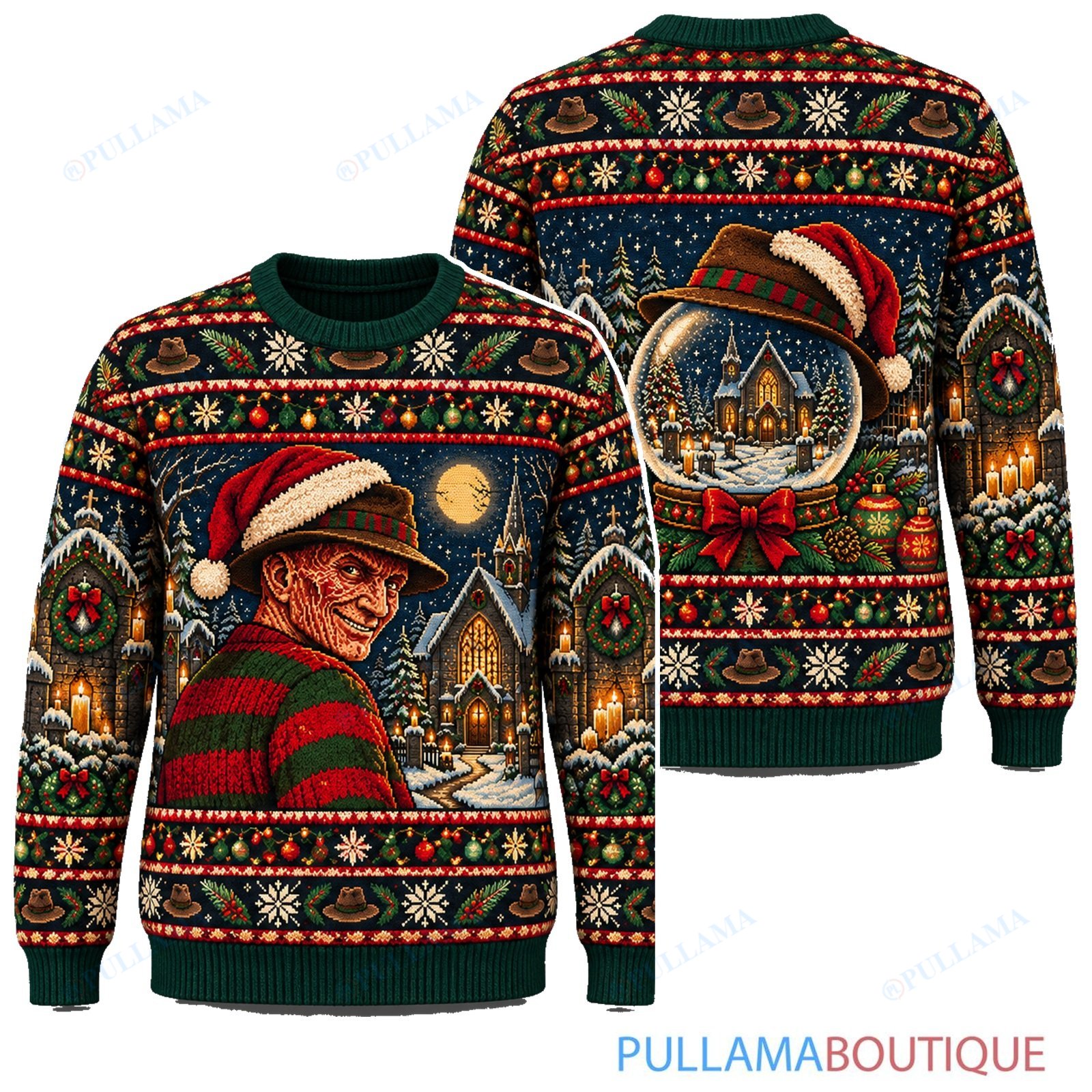 Freddy Krueger Christmas Cathedral Snow Globe ugly christmas sweater