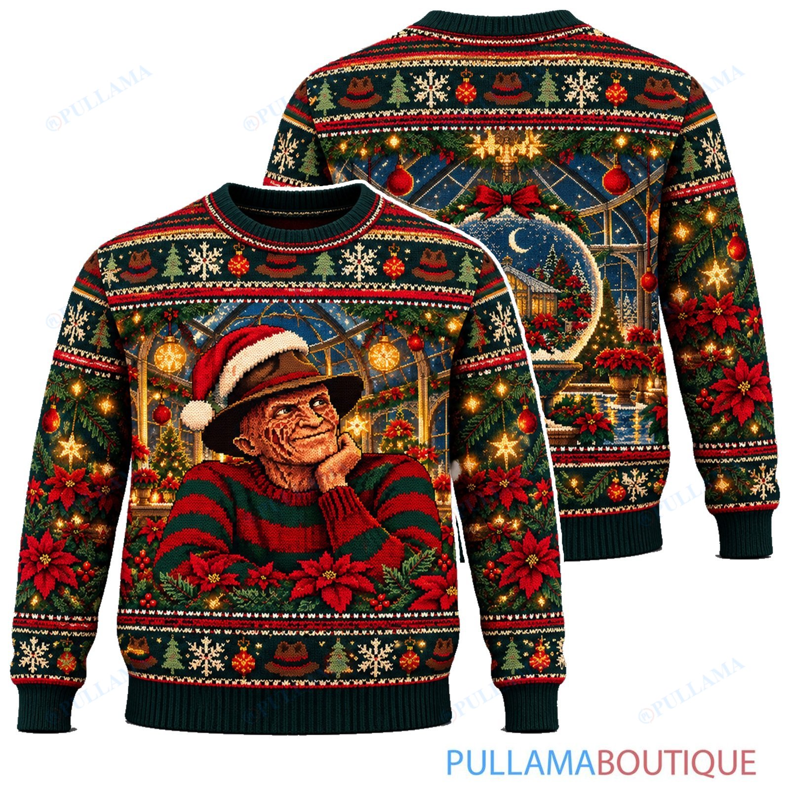 Freddy Krueger Poinsettia Greenhouse ugly christmas sweater