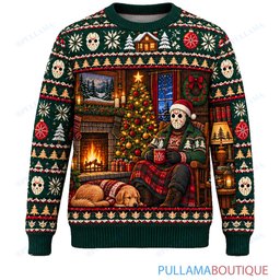 Jason Voorhees Cozy Cabin Fireplace ugly christmas sweater