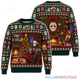 Jason Voorhees Cozy Cabin Fireplace ugly christmas sweater