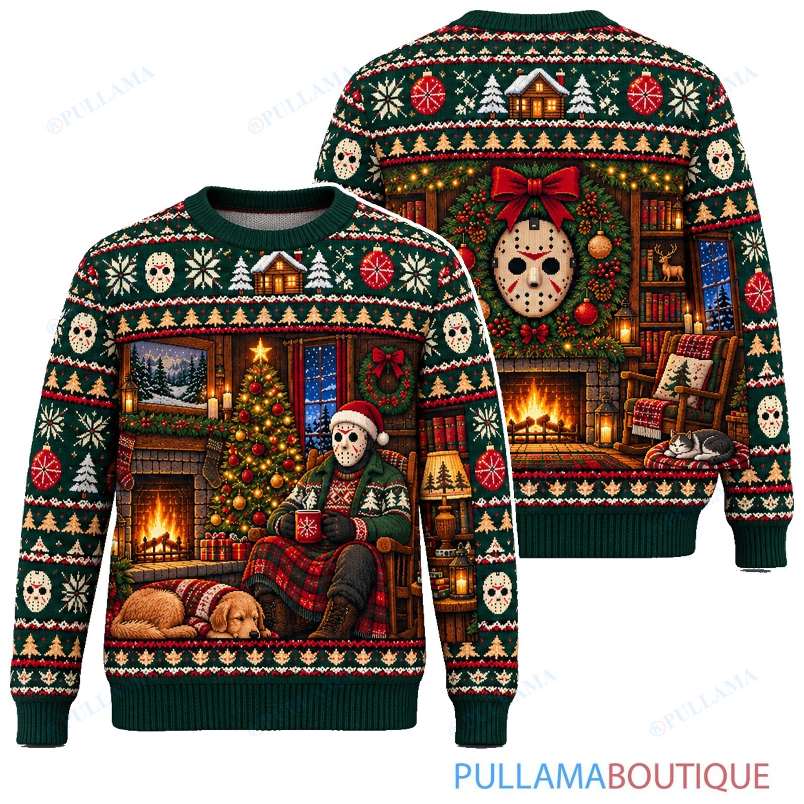 Jason Voorhees Cozy Cabin Fireplace ugly christmas sweater