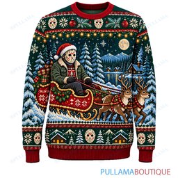 Jason Voorhees Santa Sleigh Ride ugly christmas sweater