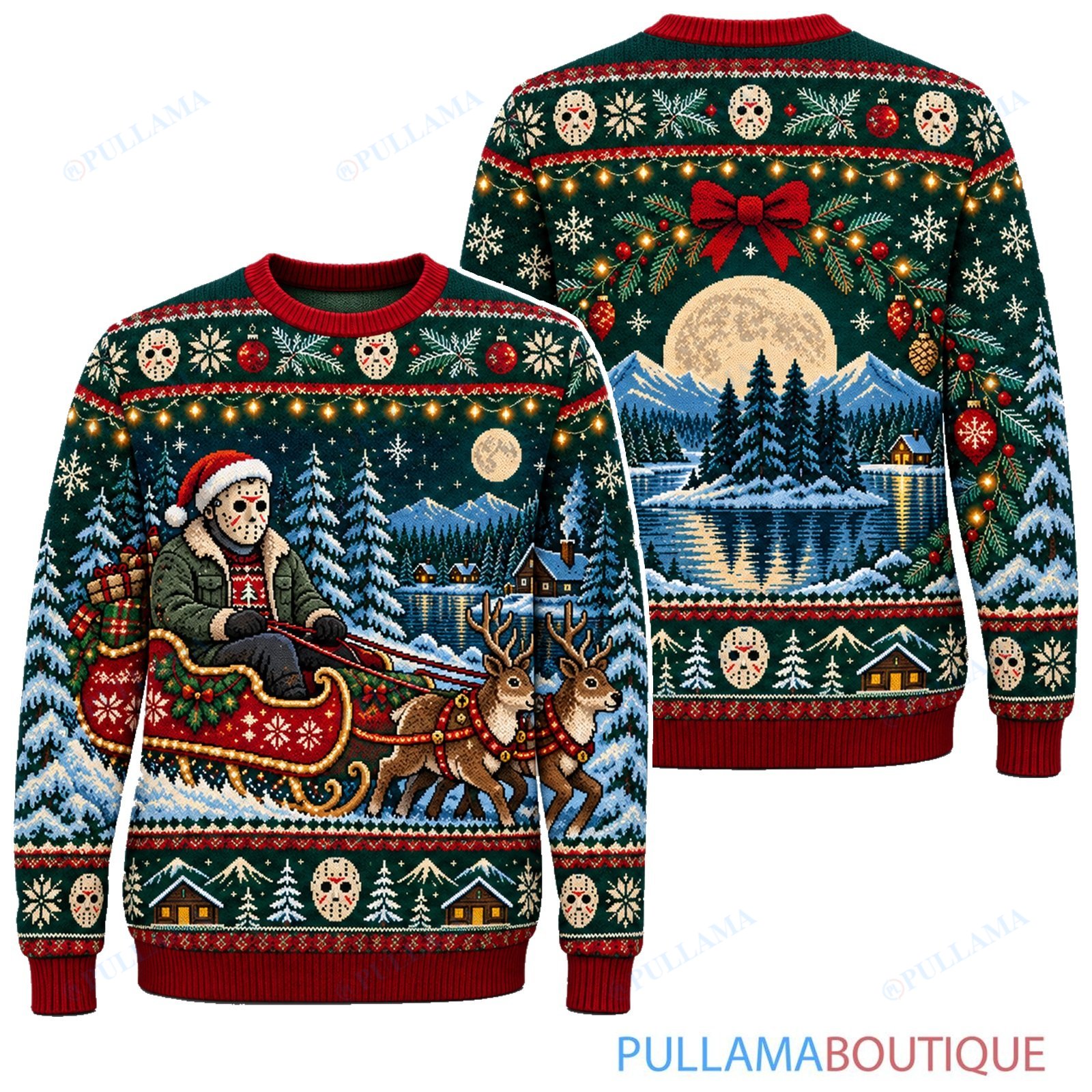 Jason Voorhees Santa Sleigh Ride ugly christmas sweater