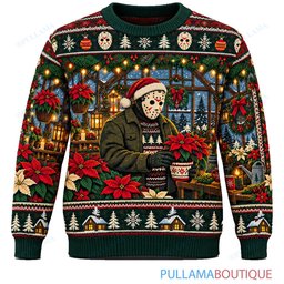 Jason Voorhees Poinsettia Greenhouse ugly christmas sweater