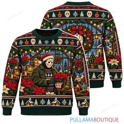 Jason Voorhees Poinsettia Greenhouse ugly christmas sweater