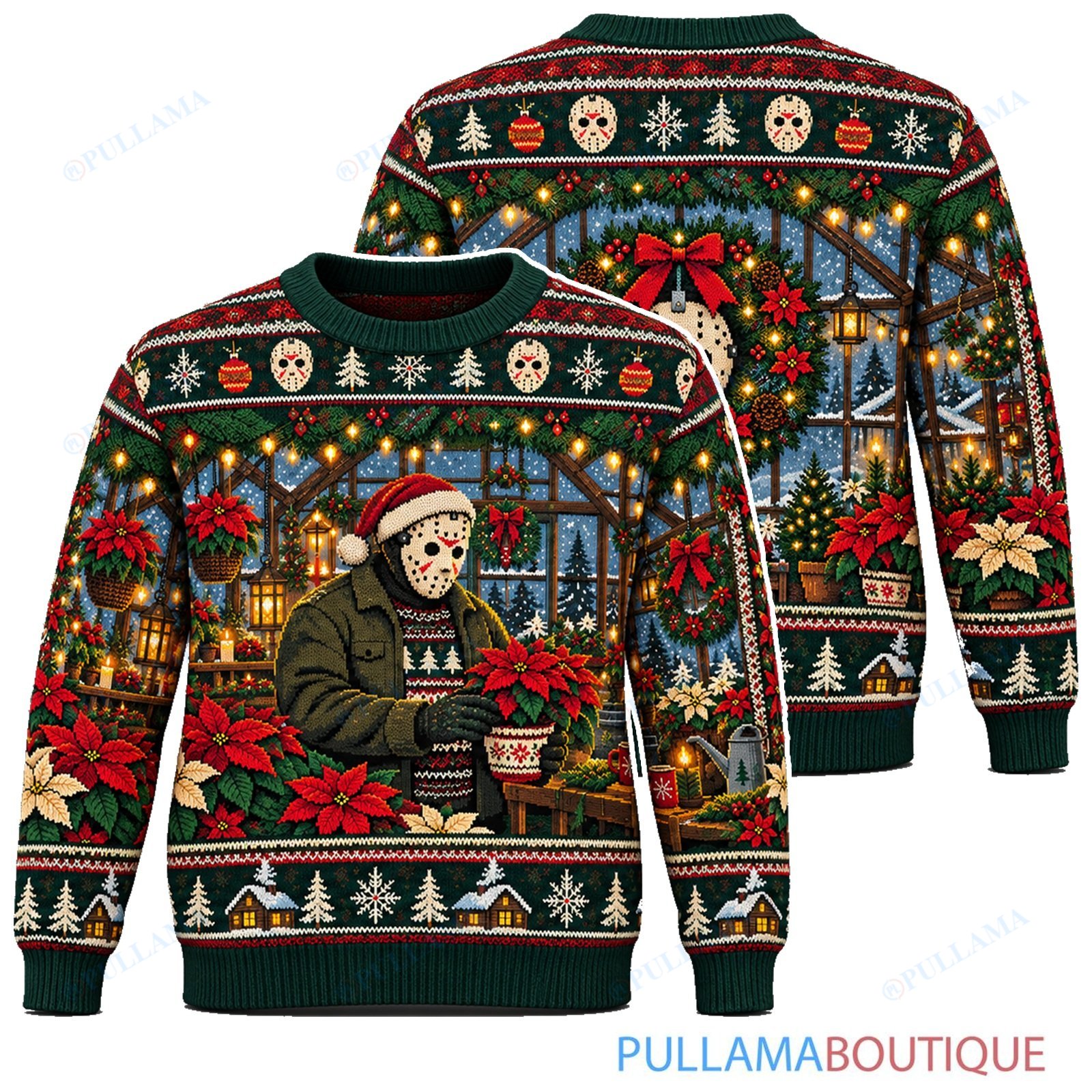 Jason Voorhees Poinsettia Greenhouse ugly christmas sweater