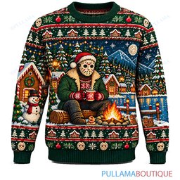Jason Voorhees Campfire Gingerbread Village ugly christmas sweater