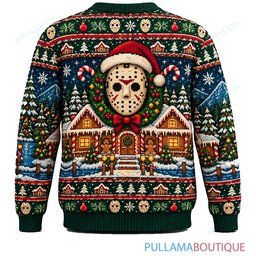 Jason Voorhees Campfire Gingerbread Village ugly christmas sweater
