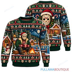 Jason Voorhees Campfire Gingerbread Village ugly christmas sweater