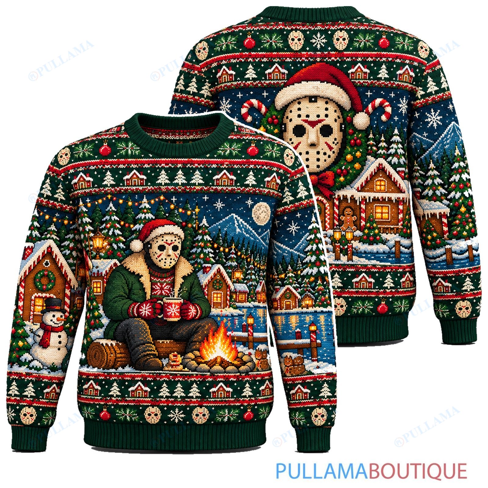 Jason Voorhees Campfire Gingerbread Village ugly christmas sweater
