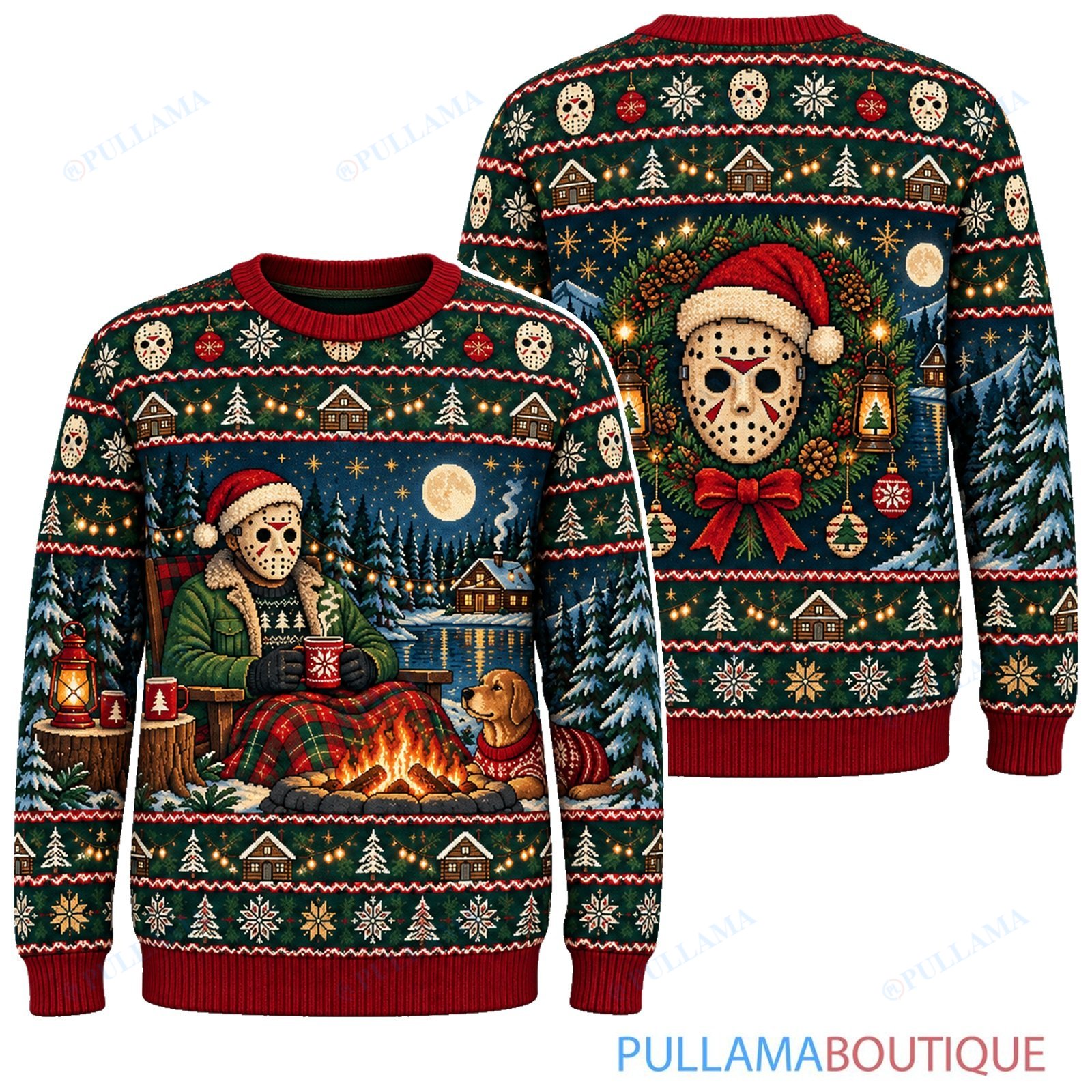Jason Voorhees Cozy Christmas Campfire ugly christmas sweater