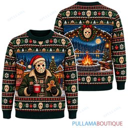 Jason Voorhees Gingerbread Campfire ugly christmas sweater