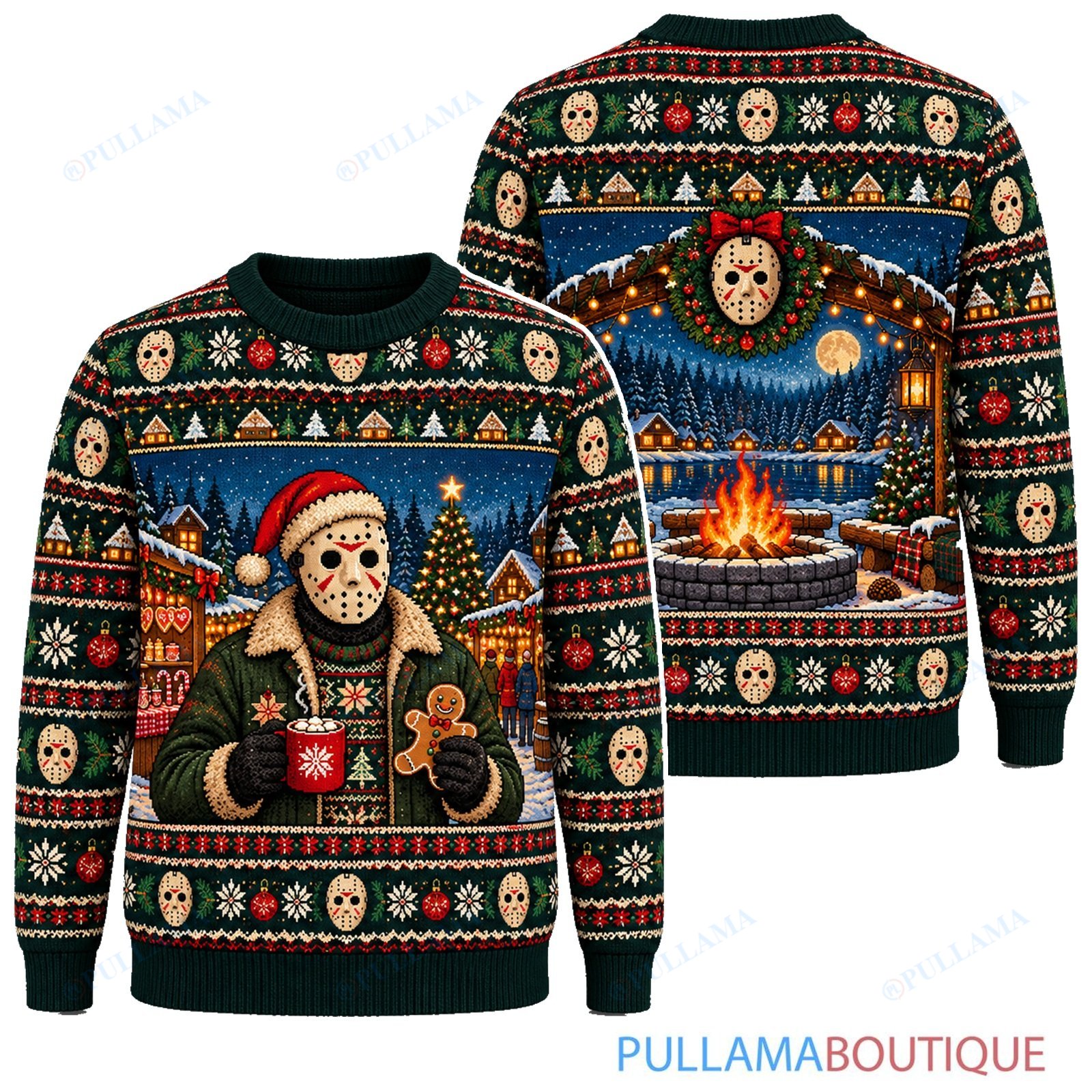 Jason Voorhees Gingerbread Campfire ugly christmas sweater