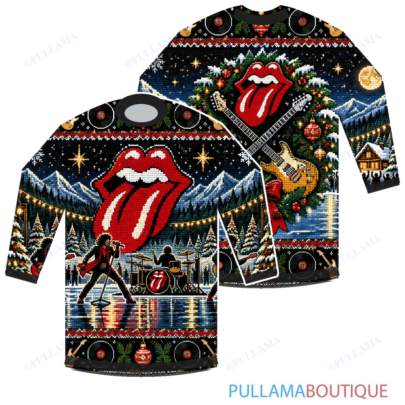 The Rolling Stones Winter Rock Guitar Wreath ugly christmas sweater