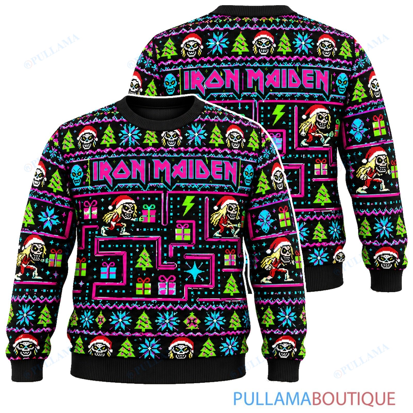Iron Maiden Neon Arcade Eddie ugly christmas sweater