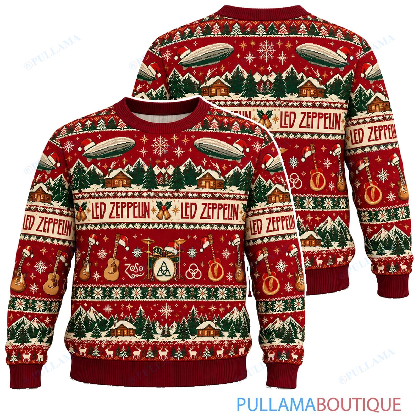Led Zeppelin Winter Cabin ugly christmas sweater