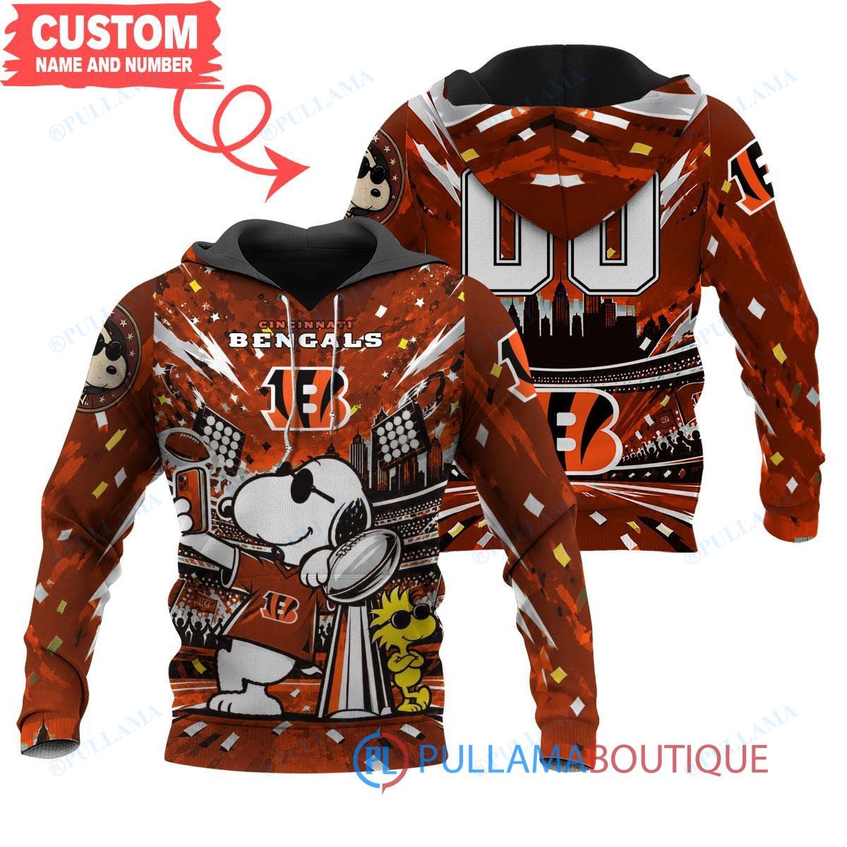 Cincinnati Bengals Snoopy and Woodstock with Super Bowl Trophy Joe Cool Custom Hoodie