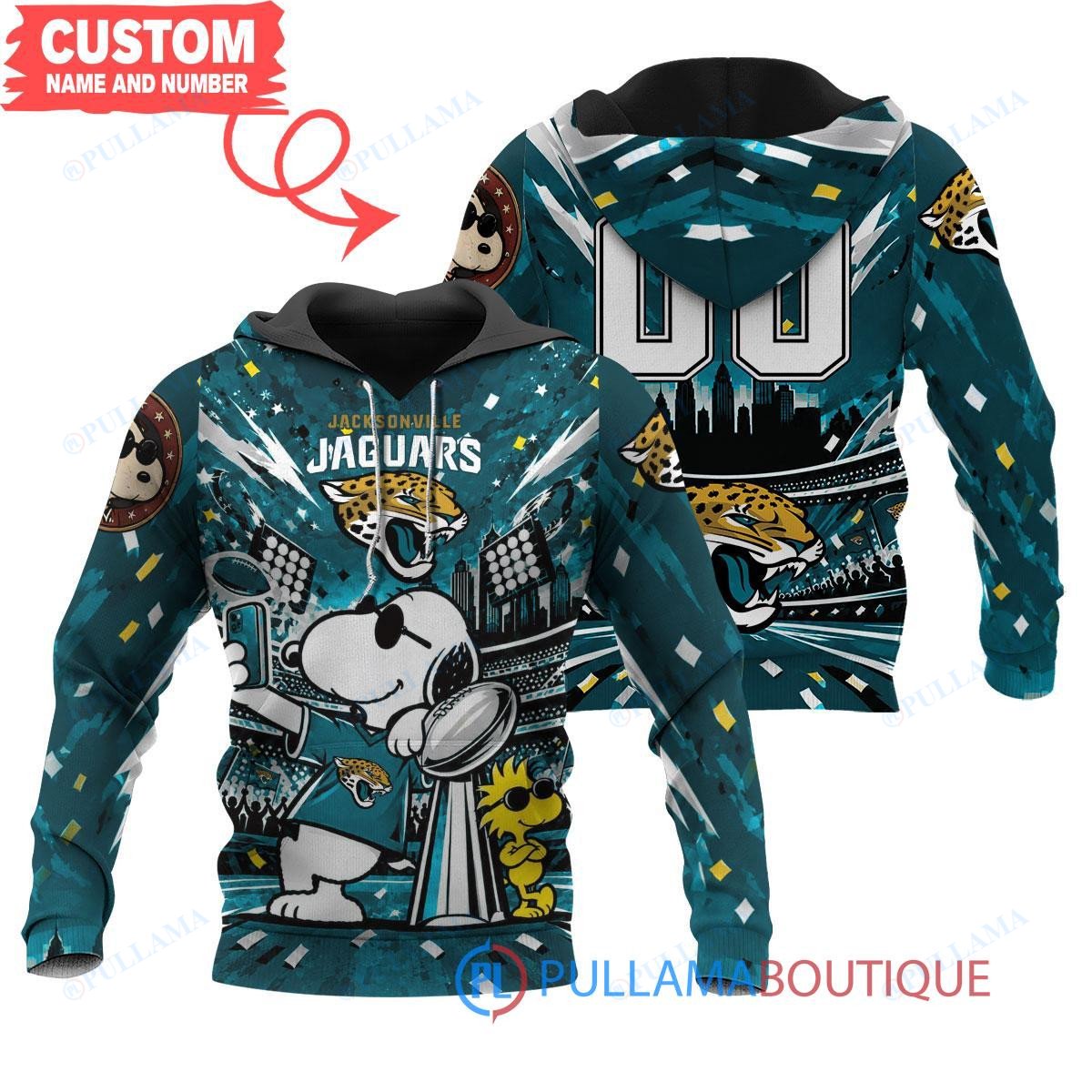 Jacksonville Jaguars Snoopy and Woodstock with Super Bowl Trophy Joe Cool Custom Hoodie