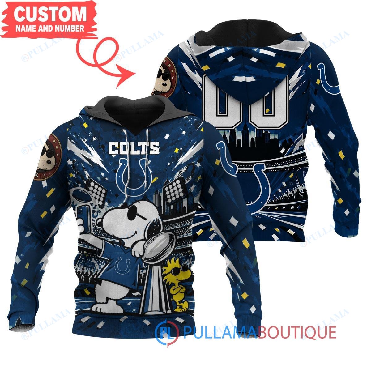 Indianapolis Colts Snoopy and Woodstock with Super Bowl Trophy Joe Cool Custom Hoodie