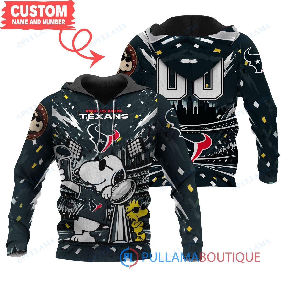 Houston Texans Snoopy and Woodstock with Super Bowl Trophy Joe Cool Custom Hoodie