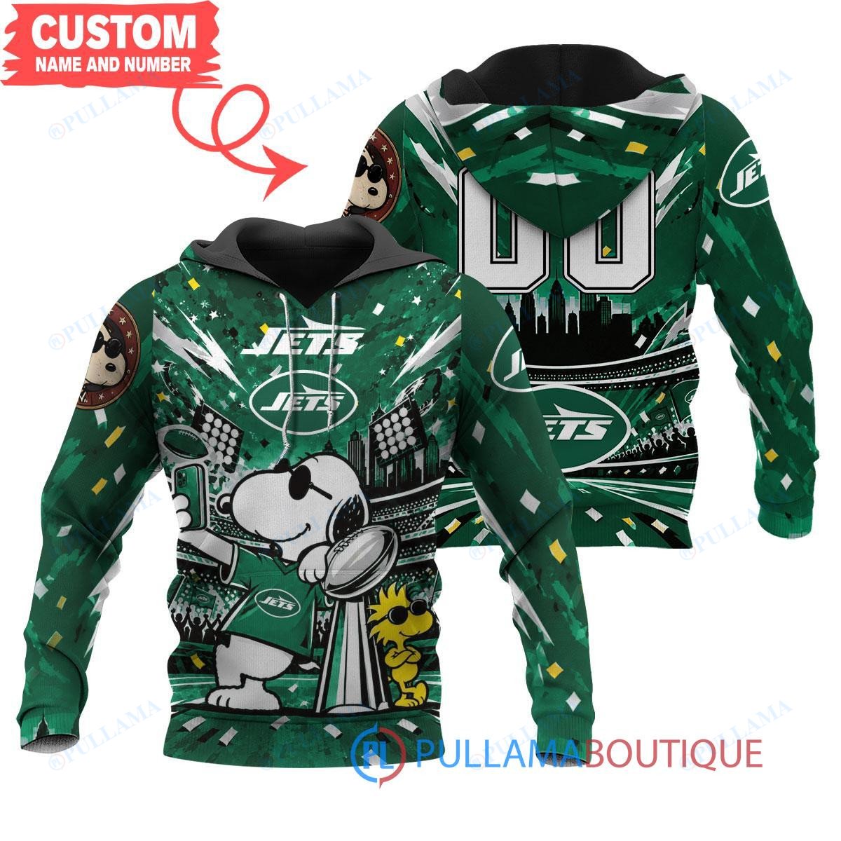 New York Jets Snoopy and Woodstock with Super Bowl Trophy Joe Cool Custom Hoodie