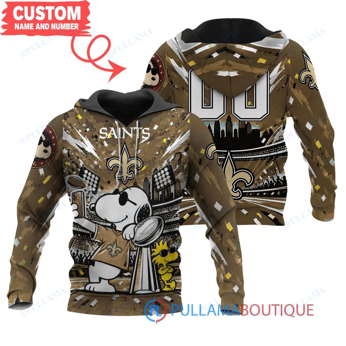 New Orleans Saints Snoopy and Woodstock with Super Bowl Trophy Joe Cool Custom Hoodie