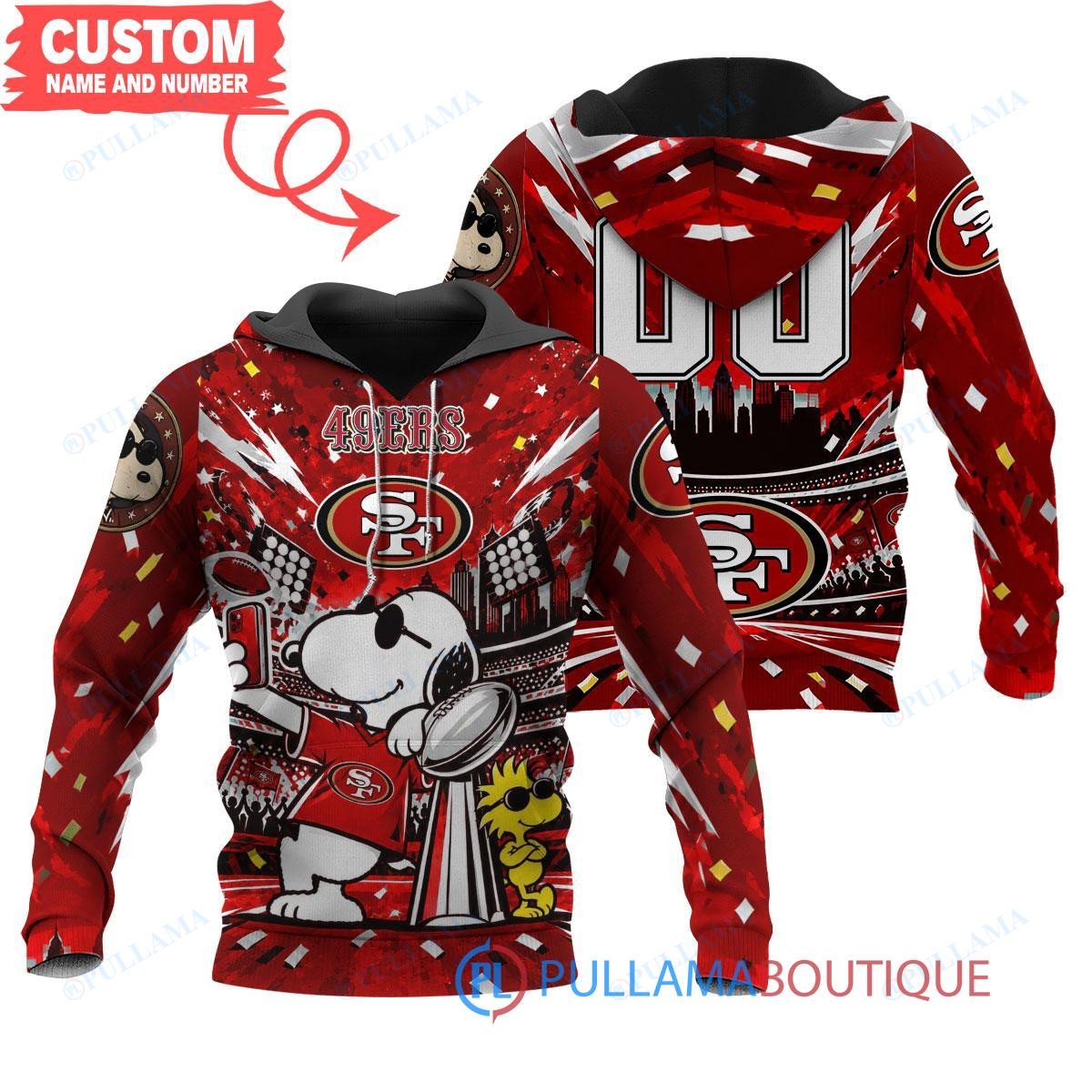 San Francisco 49ers Snoopy and Woodstock with Super Bowl Trophy Joe Cool Custom Hoodie