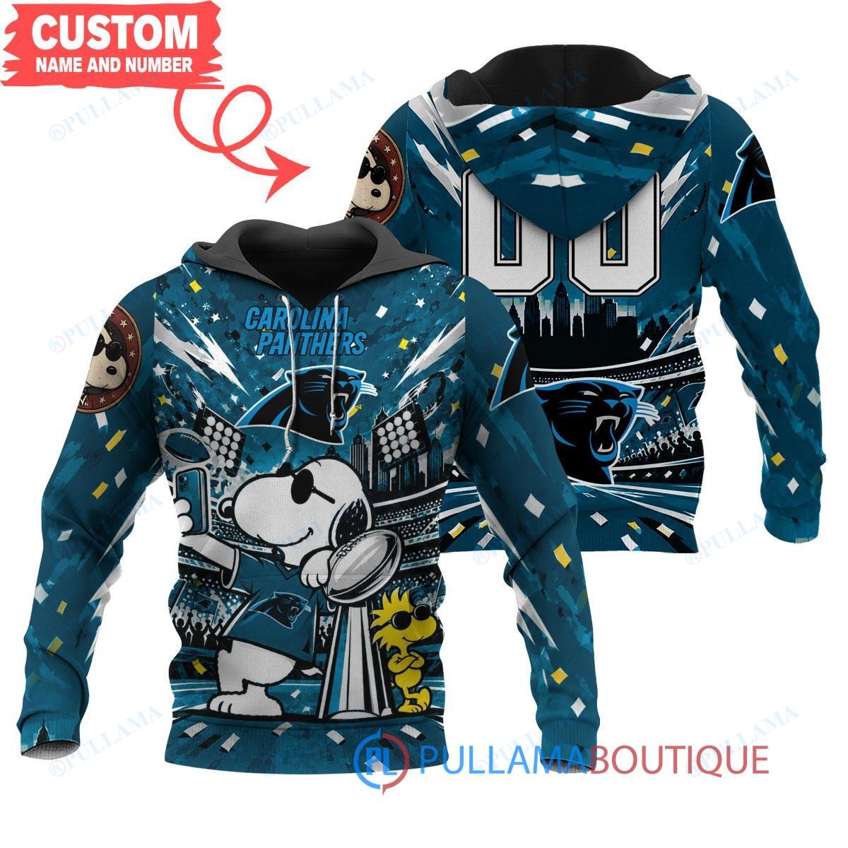 Carolina Panthers Snoopy and Woodstock with Super Bowl Trophy Joe Cool Custom Hoodie