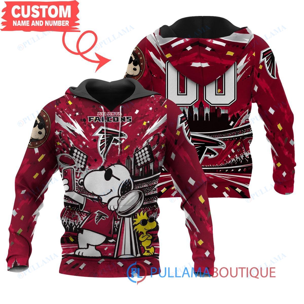 Atlanta Falcons Snoopy and Woodstock with Super Bowl Trophy Joe Cool Custom Hoodie
