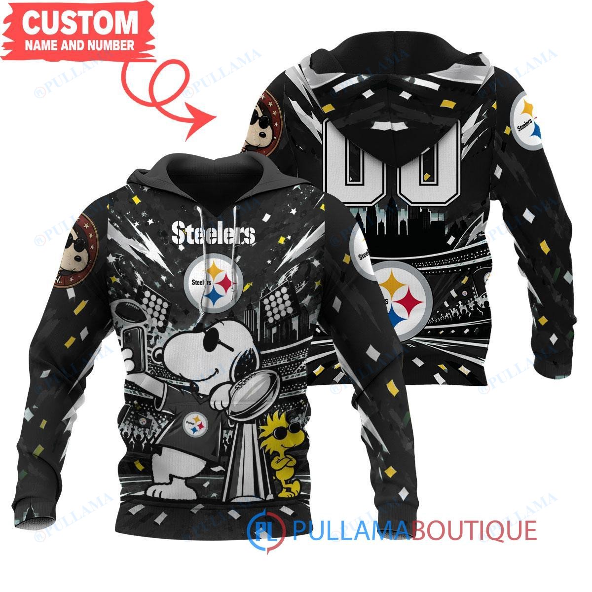 Pittsburgh Steelers Snoopy and Woodstock with Super Bowl Trophy Joe Cool Custom Hoodie