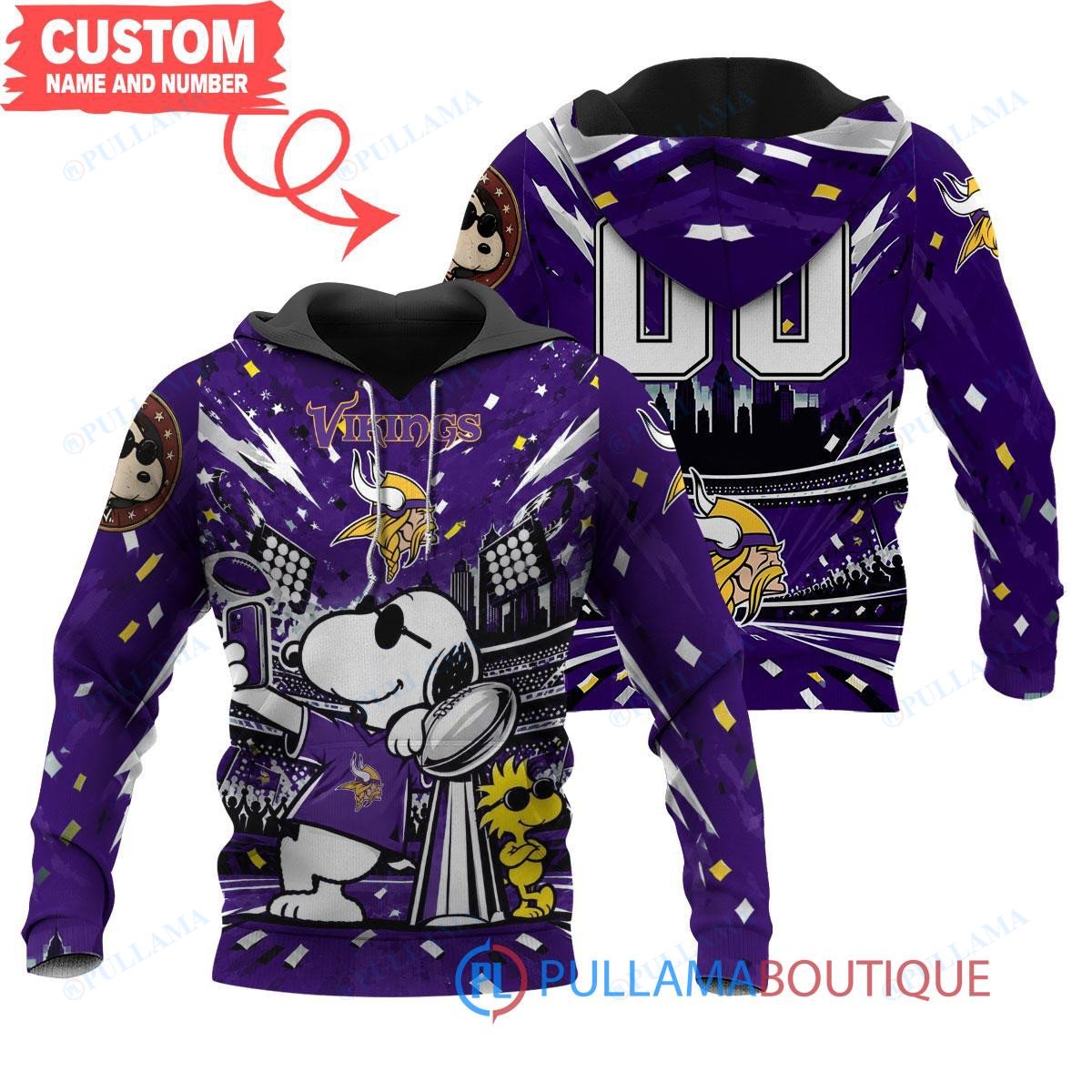 Minnesota Vikings Snoopy and Woodstock with Super Bowl Trophy Joe Cool Custom Hoodie
