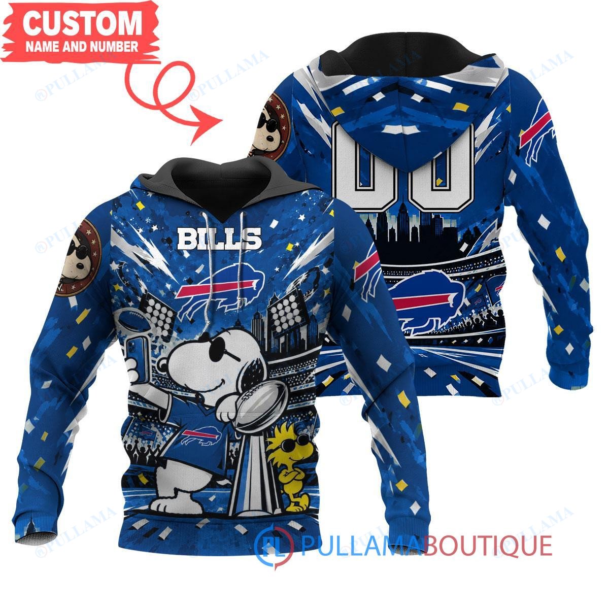 Buffalo Bills Snoopy and Woodstock with Super Bowl Trophy Joe Cool Custom Hoodie