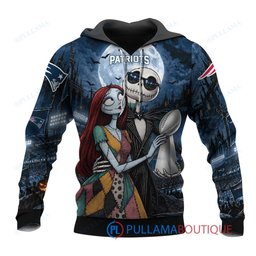 New England Patriots Jack Skellington and Sally with Super Bowl Trophy Moonlit Stadium Custom Hoodie