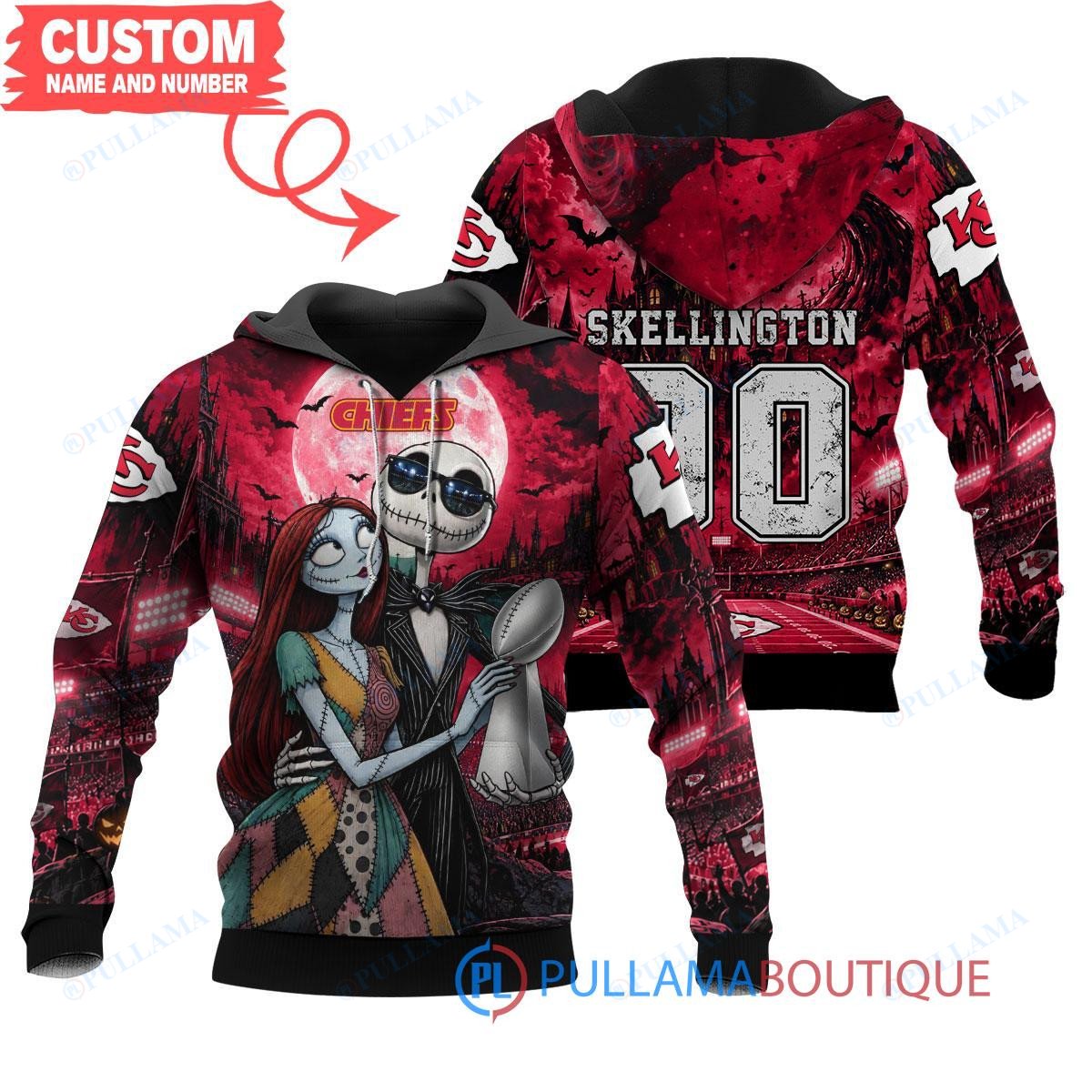 Kansas City Chiefs Jack Skellington and Sally with Super Bowl Trophy Moonlit Stadium Custom Hoodie