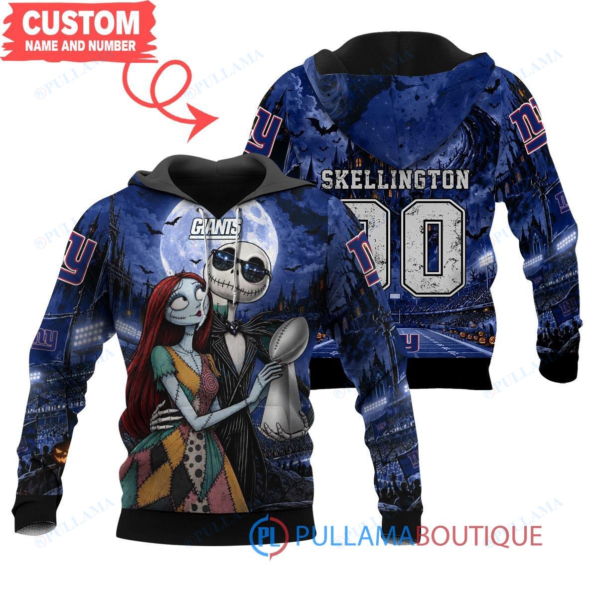 New York Giants Jack Skellington and Sally with Super Bowl Trophy Moonlit Stadium Custom Hoodie
