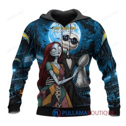 Los Angeles Chargers Jack Skellington and Sally with Super Bowl Trophy Moonlit Stadium Custom Hoodie