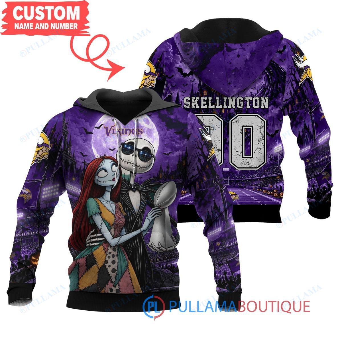 Minnesota Vikings Jack Skellington and Sally with Super Bowl Trophy Moonlit Stadium Custom Hoodie