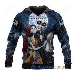 Seattle Seahawks Jack Skellington and Sally with Super Bowl Trophy Moonlit Stadium Custom Hoodie