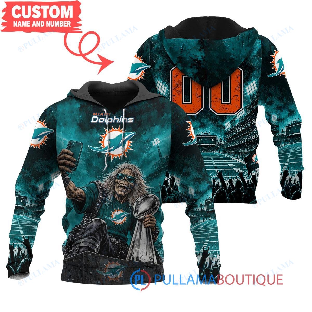 Miami Dolphins Iron Maiden with Super Bowl Trophy Stadium Poster Custom Hoodie