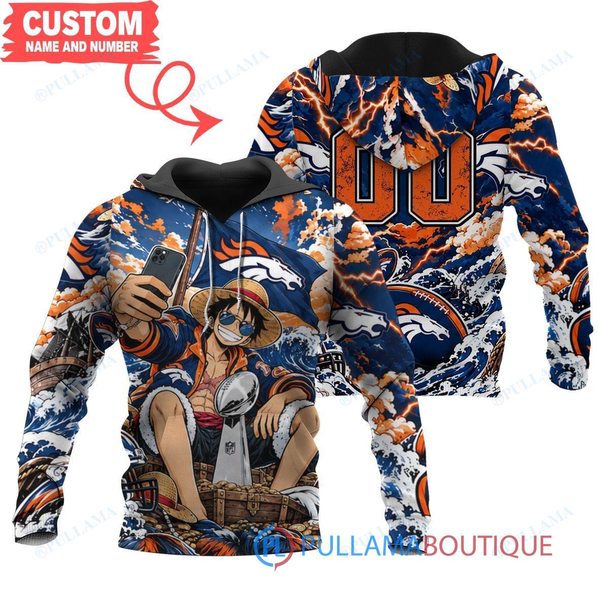 Denver Broncos Luffy One Piece with Super Bowl Trophy Custom Hoodie