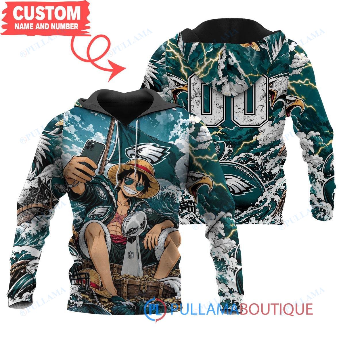Philadelphia Eagles Luffy One Piece with Super Bowl Trophy Custom Hoodie