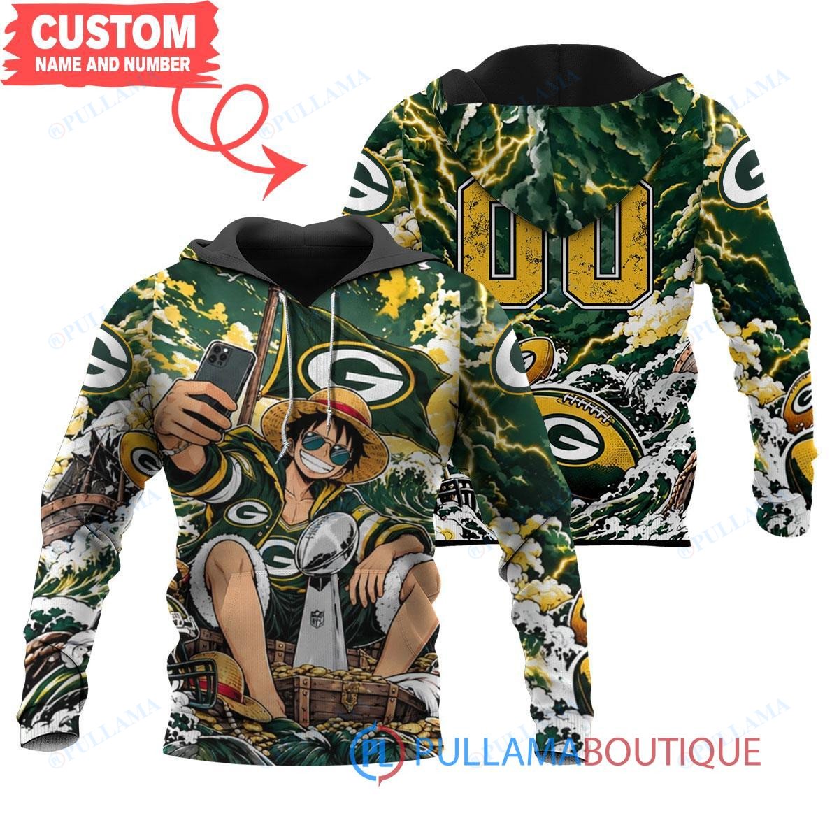 Green Bay Packers Luffy One Piece with Super Bowl Trophy Custom Hoodie