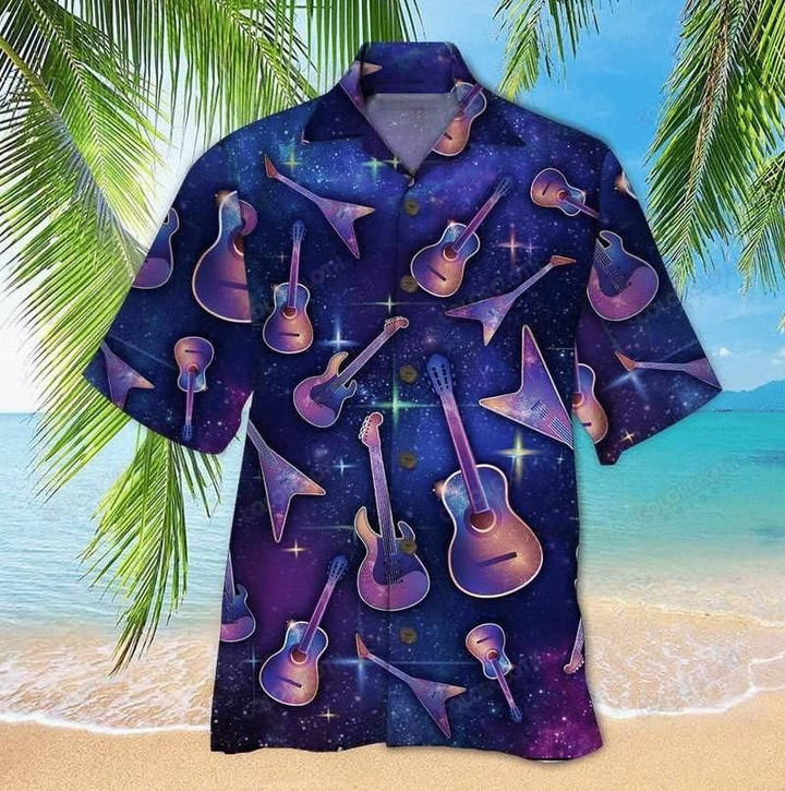 Guitar On Purple Galaxy Aloha Hawaiian Shirt Colorful Short Sleeve Summer Beach Casual Shirt For Men And Women
