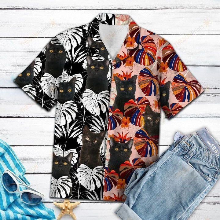 Black Cat Floral Aloha Hawaiian Shirt Colorful Short Sleeve Summer Beach Casual Shirt For Men And Women