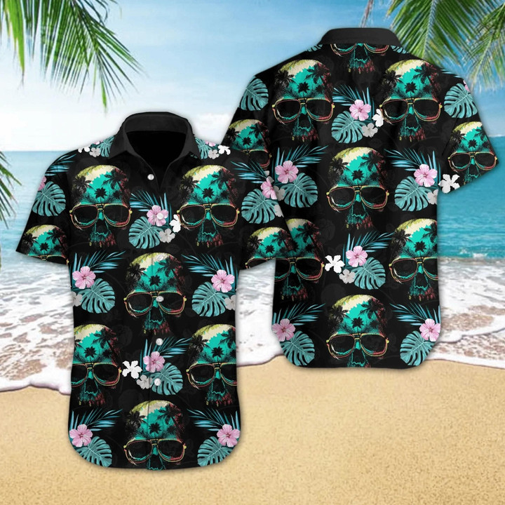 Skull Beach Aloha Hawaiian Shirt Colorful Short Sleeve Summer Beach Casual Shirt For Men And Women